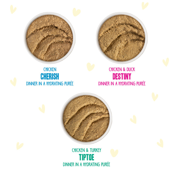 Three bowls of BFF Best Feline Friend Paté Soirée! cat food—Chicken (Cherish), Chicken & Duck (Destiny), and Chicken & Turkey (Tiptoe)—each called “Dinner in a Hydrating Purée,” sit on a background with small yellow heart shapes.