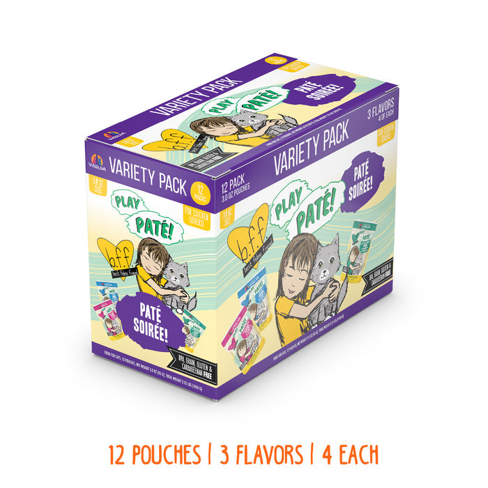 A vibrant box of BFF Best Feline Friend Paté Soirée! grain-free cat food variety pack with hydrating purée textures, girl-and-cat illustrations, and clear text. Includes 12 pouches in 3 flavors, such as chicken paté cat food.