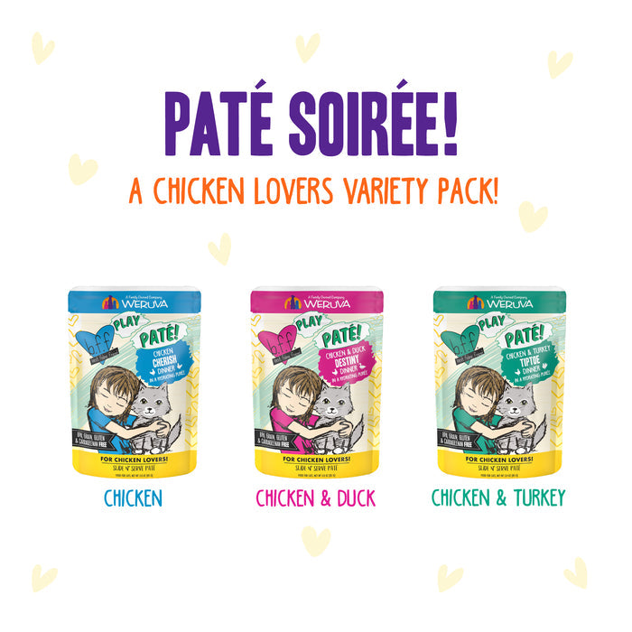 Three pouches of BFF Best Feline Friend Paté Soirée! grain free cat food are shown in Chicken, Chicken & Duck, and Chicken & Turkey flavors. The packages feature a cat and woman illustration and promote “Paté Soirée! A Chicken Lovers Variety Pack!”.