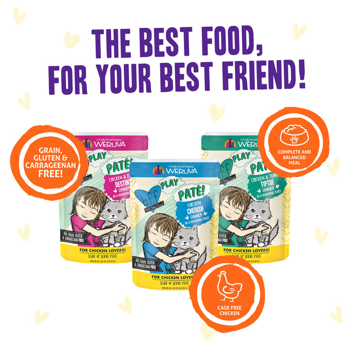 Three colorful BFF Best Feline Friend Paté Soirée! grain-free pouches feature playful art of a girl hugging a cat and highlight hydrating purée recipes with cage-free chicken paté, plus balanced, gluten- and carrageenan-free nutrition.