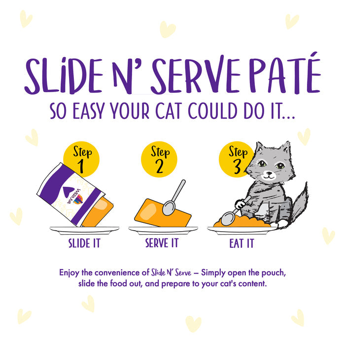 Illustration shows steps for serving Paté Soirée! cat food: 1) Slide from pouch to plate, 2) Serve, 3) Happy cat eating. Text: “Paté Soirée! by BFF Best Feline Friend—So easy your cat could do it... and it’s grain free!”.