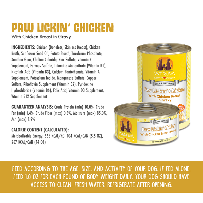Weruva Paw Lickin' Chicken dog food cans are displayed with nutrition details, ingredient list, feeding instructions, and product images set against a white and yellow background.