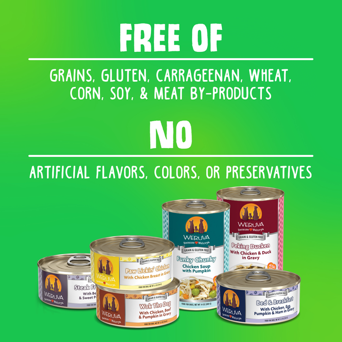 Five cans of Weruva Paw Lickin' Chicken cat food are displayed on a green background. The text above reads: “Made with high-quality ingredients—free of grains, gluten, carrageenan, wheat, corn, soy & meat by-products.”.