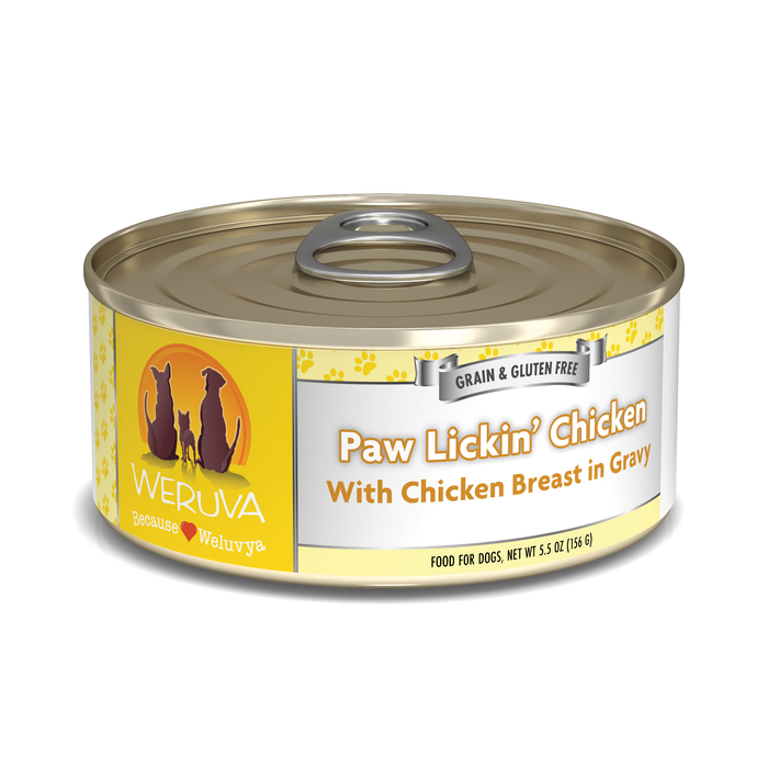 Weruva Paw Lickin' Chicken is a high-quality, grain- and gluten-free dog food featuring premium white meat chicken breast in gravy. The can has a yellow label with dog and cat silhouettes.