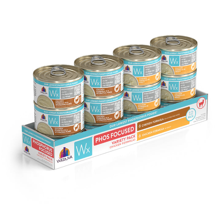 A 12-pack tray of Weruva Wx Phos Focused Chicken Formulas cat food includes two low-phosphorus chicken recipes (6 cans each), specially formulated to support cats requiring a reduced phosphorus diet.