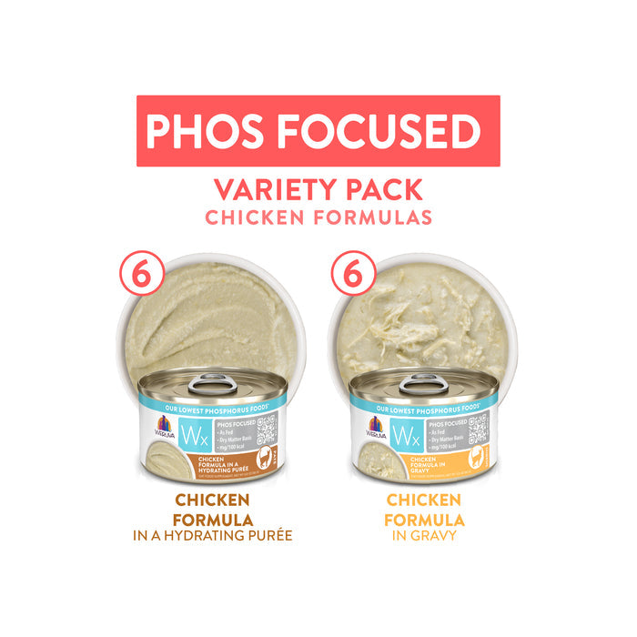 Two cans of Weruva Wx Phos Focused Chicken Formulas cat food are shown—one “Chicken Formula in a Hydrating Purée” and one “Chicken Formula in Gravy”—under the text “Phos Focused Chicken Formulas.” Both display a red "6" badge.