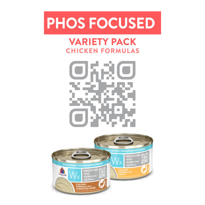 Below a QR code are two cans of Weruva Wx Phos Focused Chicken Formulas cat food. Above, bold text reads “Phos Focused Chicken Formulas.” The cans showcase these as low phosphorus options for cats.