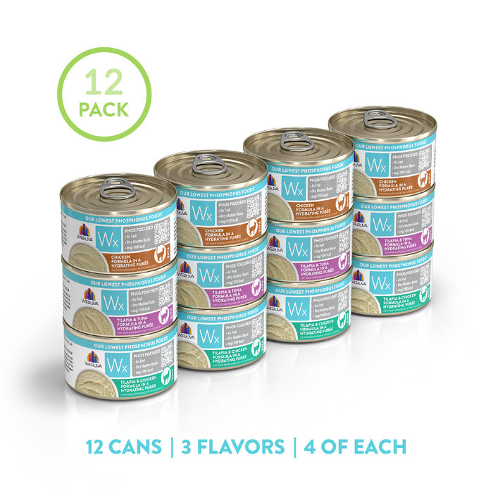 Twelve cans of Weruva Wx Phos Focused Paté Formulas cat food in three columns by flavor—four cans each. The image shows “12 Pack” and states “12 cans, 3 flavors, 4 of each” for muscle maintenance cats.