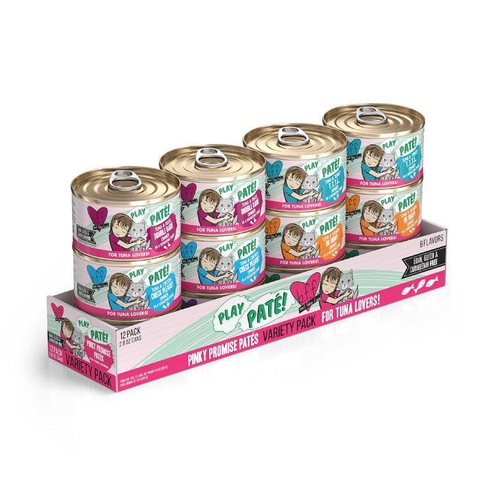A 12-pack variety of BFF Best Feline Friend Pinky Promise Patés grain-free cat food, featuring colorful cans with playful cat art in tuna paté, tuna & shrimp, tuna & beef, and tuna & salmon flavors.