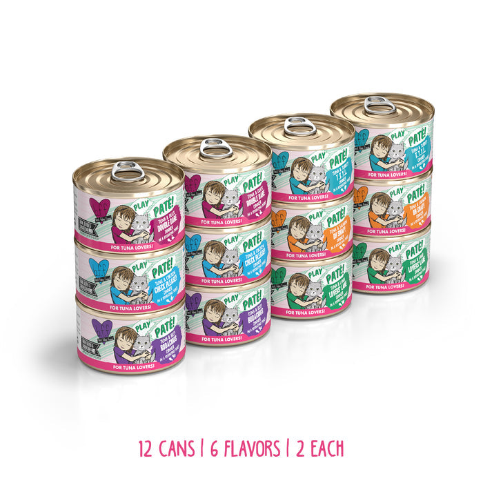 Twelve cans of BFF Best Feline Friend Pinky Promise Patés in six flavors, with colorful cat-themed labels—two cans per flavor. Text below: 12 CANS | 6 FLAVORS | 2 EACH.