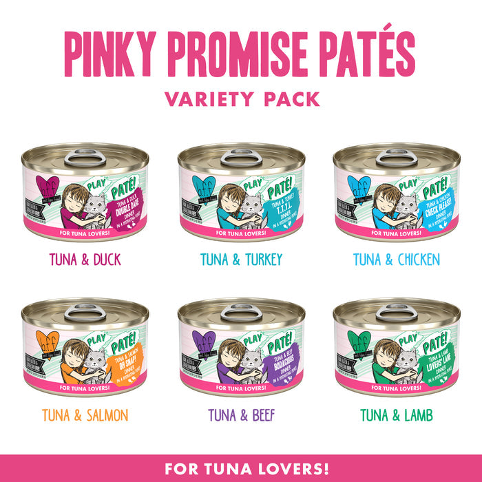 Six cans of BFF Best Feline Friend Pinky Promise Patés are displayed in two rows, each featuring a grain-free cat food variety: duck, turkey, chicken, salmon, beef, and lamb.