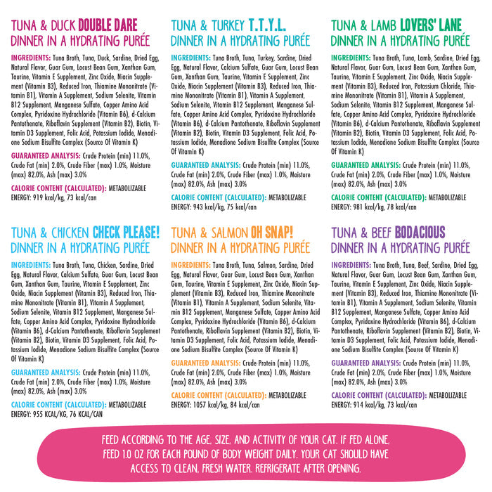 Six colorful sections highlight grain-free Pinky Promise Patés and hydrating purée flavors from BFF Best Feline Friend. Ingredients, guaranteed analysis, calories, and feeding guidelines are shown. A pink box gives general feeding instructions.