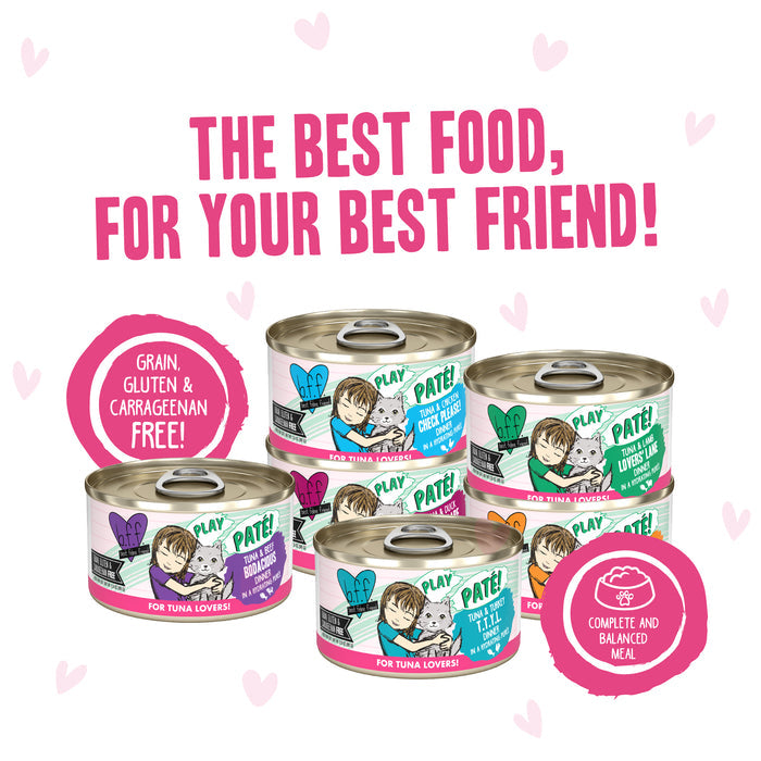 Five cans of BFF Best Feline Friend Pinky Promise Patés with playful labels are displayed, surrounded by text: “The best food, for your best friend!” Hydrating tuna purée and paté—complete, balanced, and carrageenan free.