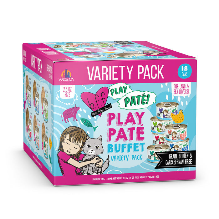 A vibrant box of BFF Best Feline Friend PLAY Paté Buffet cat food variety pack, showing illustrated cans, a girl with a gray cat, and labels for 18 grain-free paté cans with cage-free chicken, gluten & carrageenan free.