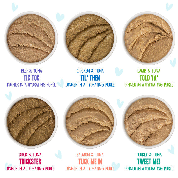 Six bowls of BFF Best Feline Friend PLAY Paté Buffet cat food in a grid, each labeled with flavors—beef, cage-free chicken, lamb, duck, salmon, or turkey with tuna—plus playful names on a white background with blue hearts.