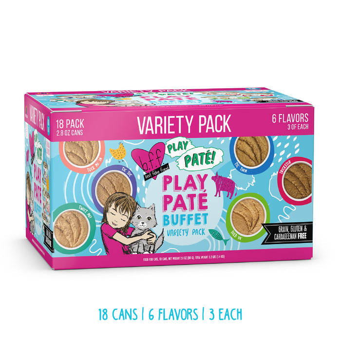 A colorful box of BFF Best Feline Friend PLAY Paté Buffet cat food, featuring 18 grain free cans in 6 flavors, playful packaging with a girl hugging a gray cat, and clearly labeled cans.