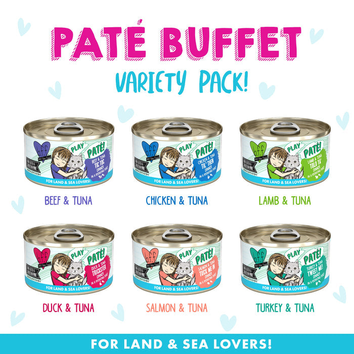 Six cans of PLAY Paté Buffet cat food by BFF Best Feline Friend are arranged in two rows, showcasing grain-free flavors: beef & tuna, chicken & tuna, lamb & tuna, duck & tuna, salmon & tuna, and turkey & tuna. Blue hearts decorate the background.