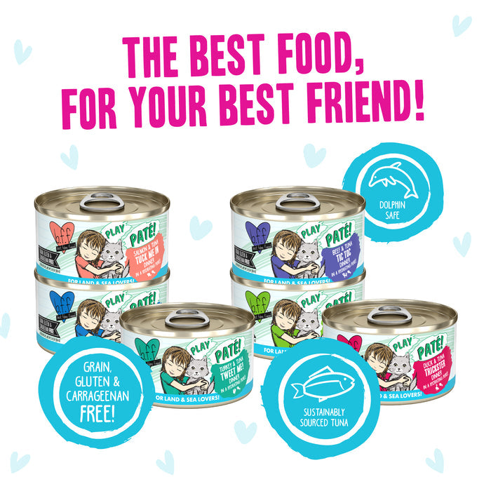 Six cans of BFF Best Feline Friend PLAY Paté Buffet cat food in assorted flavors appear with labels stating “Grain, Gluten & Carrageenan Free!”, “Dolphin Safe,” and “Cage-Free Chicken.” Text: THE BEST FOOD, FOR YOUR BEST FRIEND!.