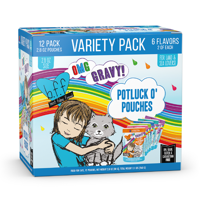 A colorful box of BFF Best Feline Friend Potluck O' Pouches cat food variety pack, including 12 meat pouches in 6 flavors, features a child hugging a gray cat on a rainbow background.