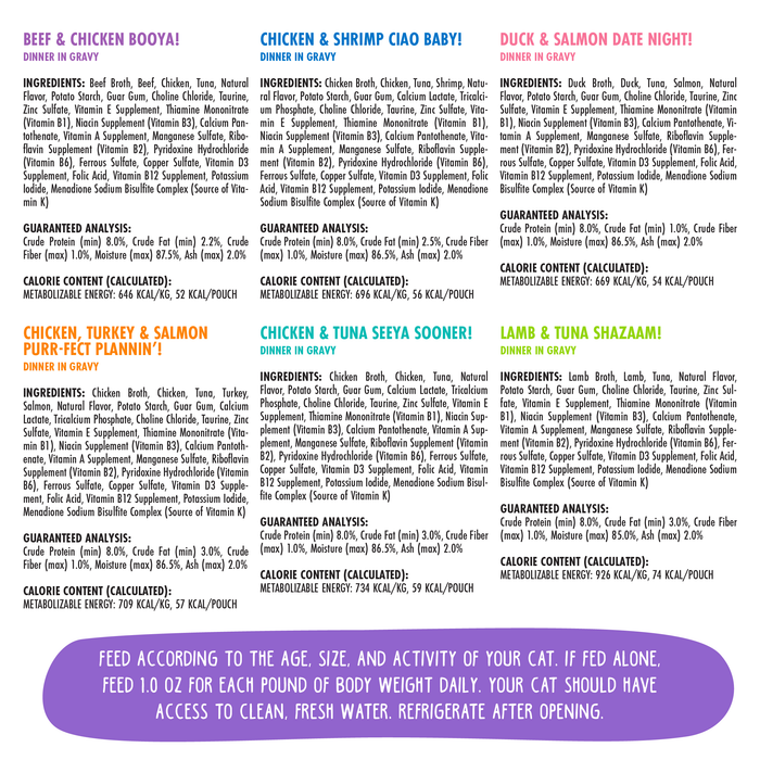 The Potluck O' Pouches variety pack by BFF Best Feline Friend features a colorful menu of six cat food flavors, with sections for ingredients, guaranteed analysis, and calories. A purple box below offers feeding instructions and tips on high-quality meat selection and cat care.
