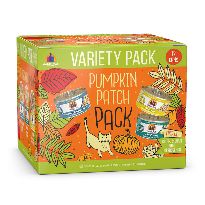Weruva’s Pumpkin Patch Pack features 12 cans of chicken and mackerel cat food in autumn-themed packaging with pumpkins and a cat. All recipes are grain, gluten, and carrageenan free.
