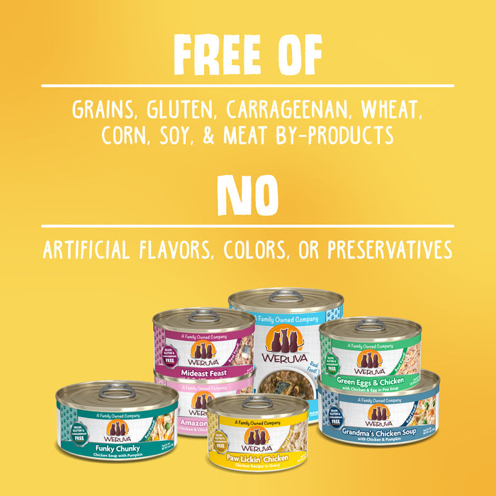 A group of Weruva Pumpkin Patch Pack cat food cans is displayed on a yellow background. Above them, the text reads: "Free of grains, gluten, carrageenan, wheat, corn, soy & meat by-products. No artificial flavors or preservatives.