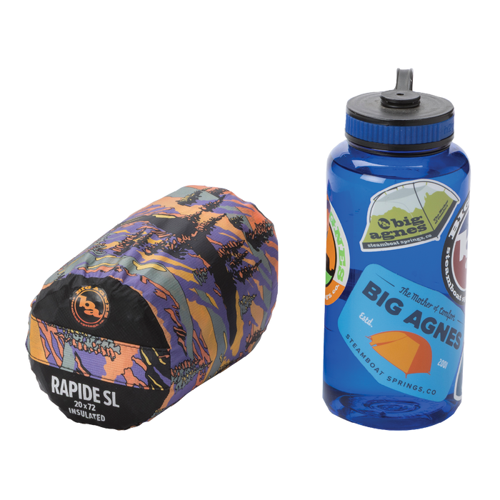 Sleeping bag and water bottle with Big Agnes branding on a white background