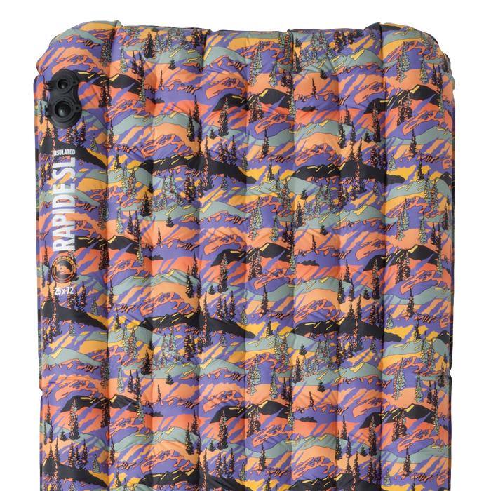 Multicolored patterned sleeping bag with brand name on a white background
