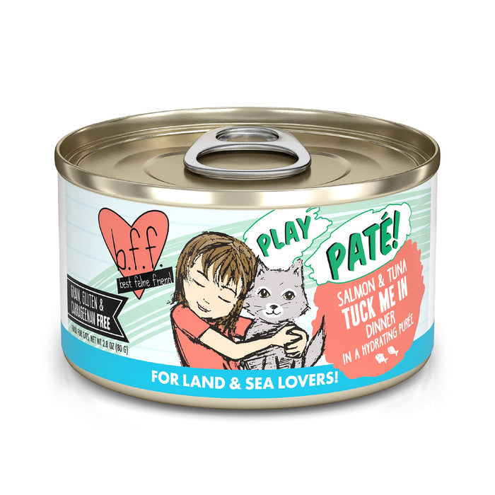 A can of BFF Best Feline Friend Salmon & Tuna Tuck Me In cat food features wild-caught salmon and tuna, is hydrating, gluten-free, grain free, and has a label showing a child hugging a gray cat.