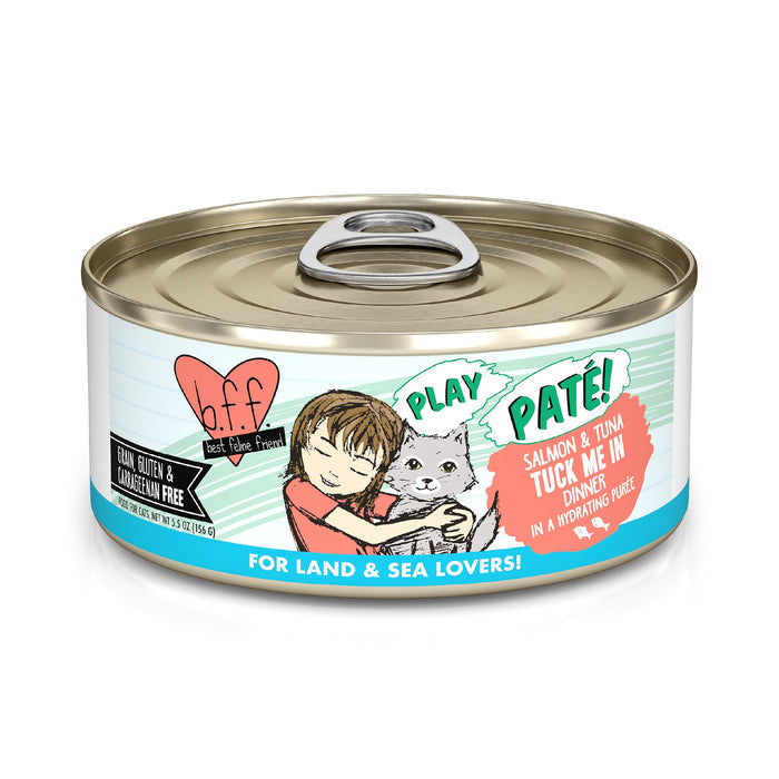 A can of BFF Best Feline Friend Salmon & Tuna Tuck Me In cat food shows a child hugging a cat, with grain free and carrageenan free labels—ideal for land & sea lovers who crave wild-caught salmon and tuna.