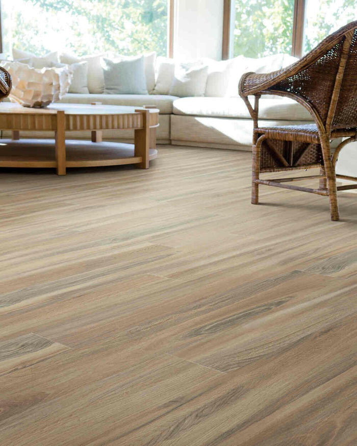 Modern living room with Sandy Valley from Mohawk SolidTech Explorer's Cove luxury vinyl plank 5mm  installed.