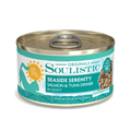 A can of Soulistic Seaside Serenity cat food in gravy with a teal label featuring a cat silhouette, sun graphic, and noting it’s grain, gluten, and carrageenan free.