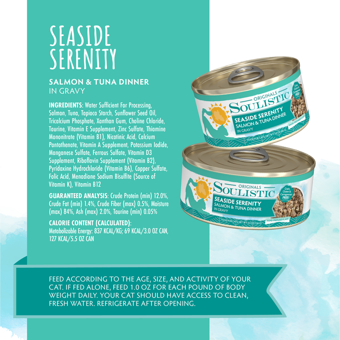 Two cans of Soulistic Seaside Serenity cat food, made with salmon and wild-caught tuna, are shown above a list of ingredients, nutrition facts, and feeding instructions on a teal background.
