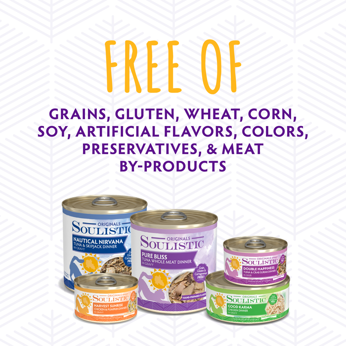 Four cans of Soulistic Serene Selections cat food on a light patterned background, with text highlighting they're free from grains, gluten, wheat, corn, soy, artificial flavors, colors, preservatives, and meat by-products. Ideal for high-protein diets.