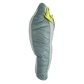 The Big Agnes Returns Sidewinder 0˚ is a green and gray mummy-style sleeping bag with a bright green interior, body mapped insulation for targeted warmth, shown zipped up and lying flat on a white background.