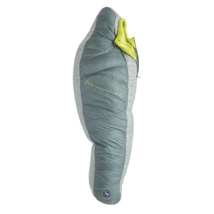 The Big Agnes Returns Sidewinder 0˚ is a green and gray mummy-style sleeping bag with a bright green interior, body mapped insulation for targeted warmth, shown zipped up and lying flat on a white background.