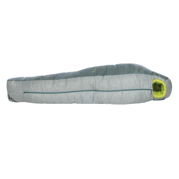 The Big Agnes Returns Sidewinder 0˚ is a gray and green mummy-style sleeping bag for side sleepers with body mapped insulation and a side zipper, shown zipped up and lying flat on a white background.