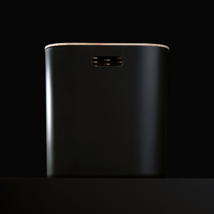 The Weruva Skylight Litter Box features a sleek black rectangular design with rounded edges and a small top vent, blending seamlessly into stylish spaces with its discreet corner entry.