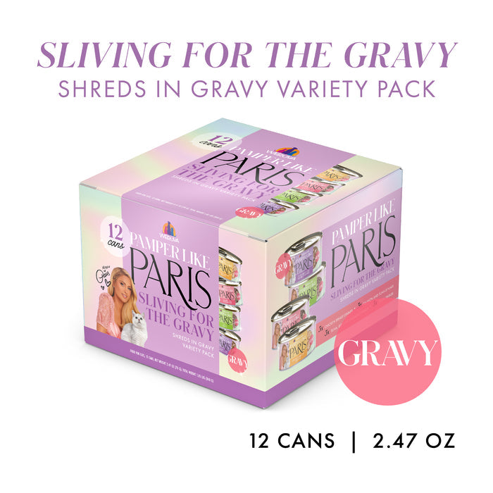 A pastel box labeled Weruva Sliving For The Gravy holds 12 cans (2.47 oz each) of gravy-based recipes with shreds, featuring wild-caught salmon. The box displays a cat and woman photo, plus “12 cans, 2.47 oz.”.