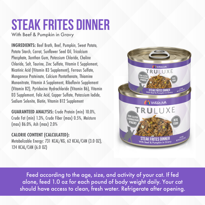 Two cans of TruLuxe Steak Frites Dinner cat food are shown. The image displays ingredients, nutrition facts, and feeding guidelines on a white and purple background.