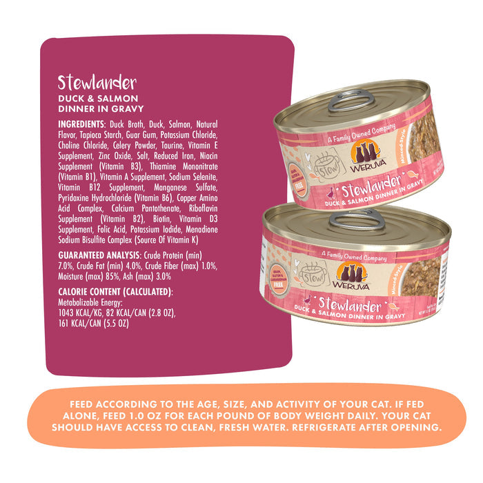 Two cans of Weruva Stewlander cat food are shown, highlighting the duck and salmon recipe with omega-3s, detailed ingredients, nutrition facts, and a feeding guide on a pink-orange background.