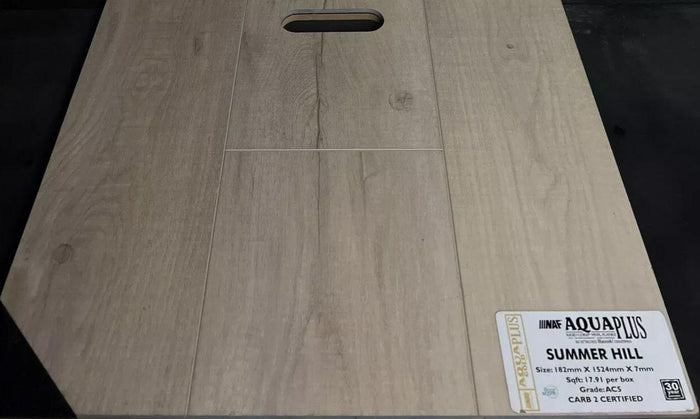 Close up of Summerhill AQUAPLUS Gold collection vinyl 7mm SPC with PAD sold by Advanced Flooring
