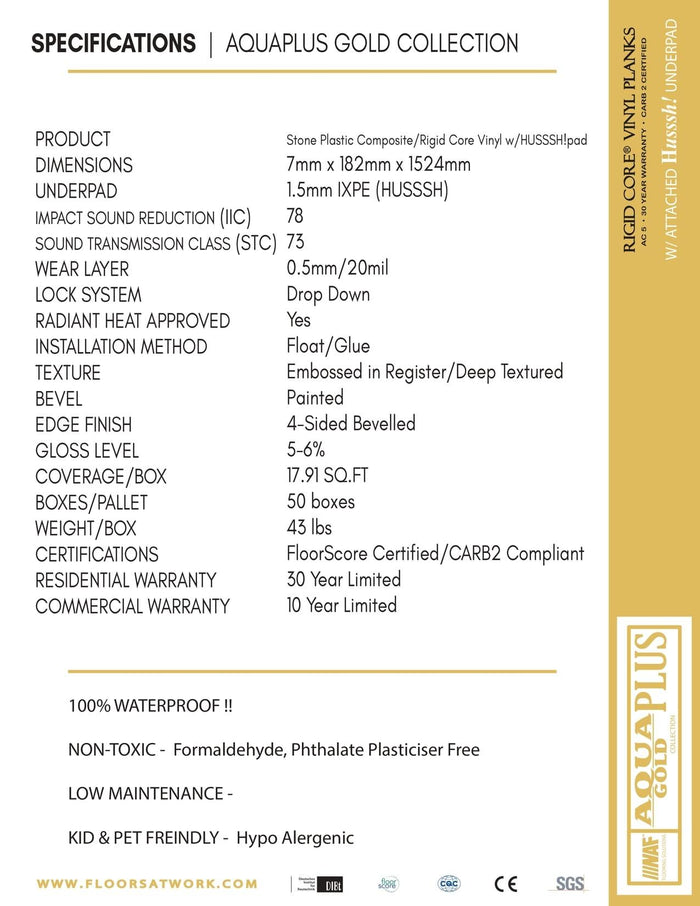 Specifications for Aquaplus Gold Collection 7mm SPC Vinyl Flooring with attached pad