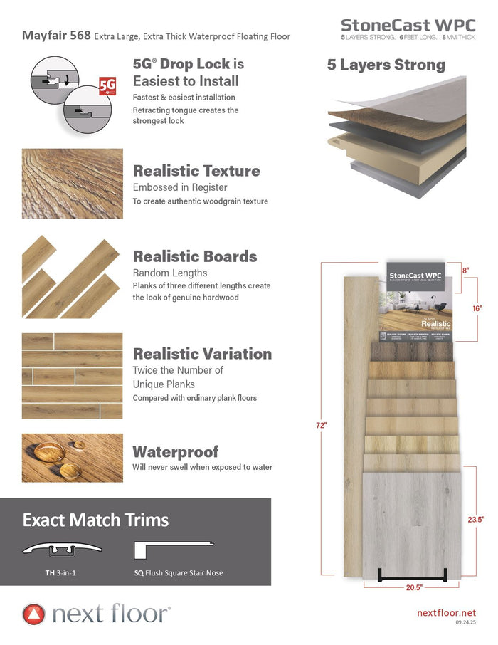 Mayfair 568 collection product info – WPC luxury vinyl plank details, 20 mil wear layer, lifetime residential warranty, and specs for Ontario and Canada flooring projects.