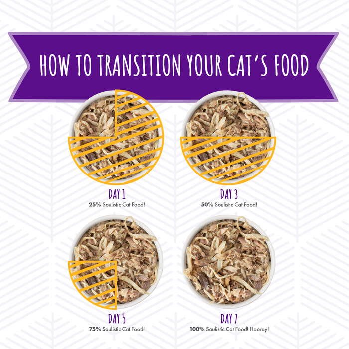 Four bowls of Soulistic’s Sweet Salutations cat food—featuring boneless chicken—illustrate an increase in new food portions from Day 1 (25%) to Day 7 (100%), with “How to Transition Your Cat’s Food” shown above.