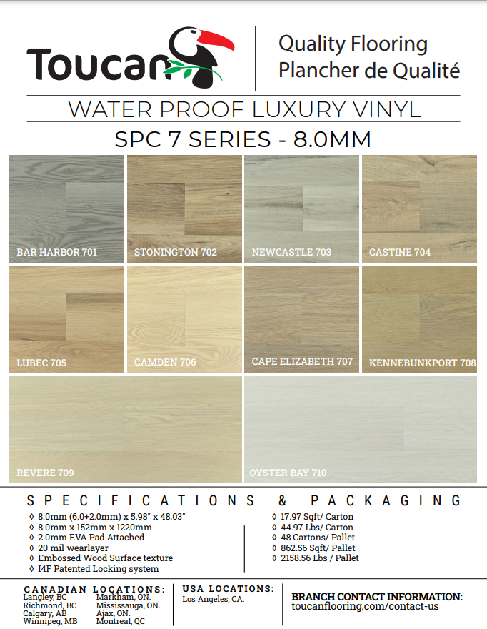 Specs and colours for 7 Toucan 7 series 8mm vinyl flooring