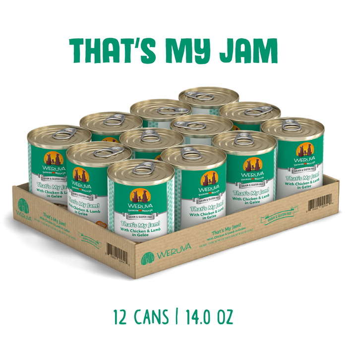 A cardboard tray contains 12 cans of Weruva That's My Jam! wet cat food, each with a green label highlighting the boneless skinless chicken and grass-fed lamb recipe. Above it says “THAT’S MY JAM,” below, “12 CANS | 14.0 OZ.”.