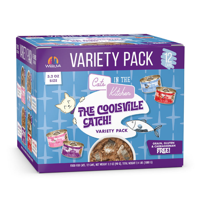 A purple box of Cats in the Kitchen The Coolsville Catch! features 12 cans of high-protein cat food with wild-caught salmon, playful cat art, and a grain, gluten, and carrageenan free formula.