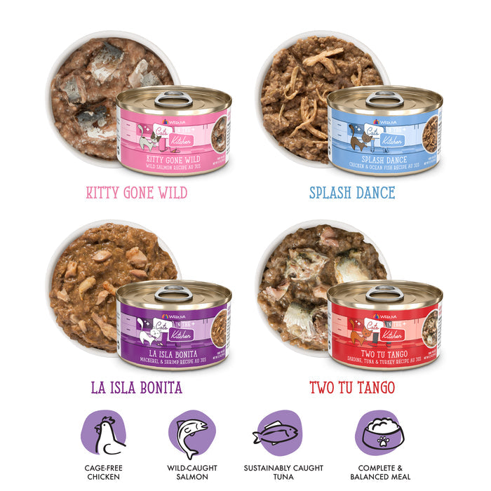 Four open cans of Cats in the Kitchen’s The Coolsville Catch! high protein cat food with shredded meat. Each seafood variety pack has icons for wild-caught salmon and key nutrients displayed below each can.