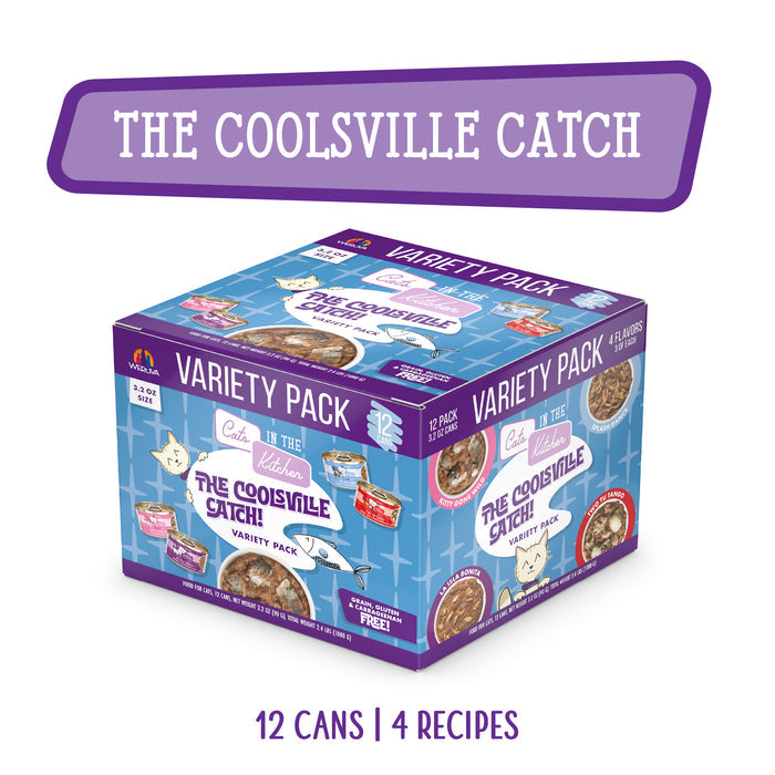 The Coolsville Catch! by Cats in the Kitchen is a 12-can seafood variety pack with wild-caught salmon in four recipes, packaged in a vibrant purple and blue box featuring playful cat illustrations.